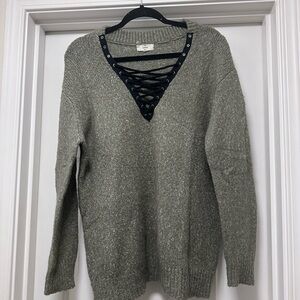 Women's Green Sweater with Lace-Up Detail
